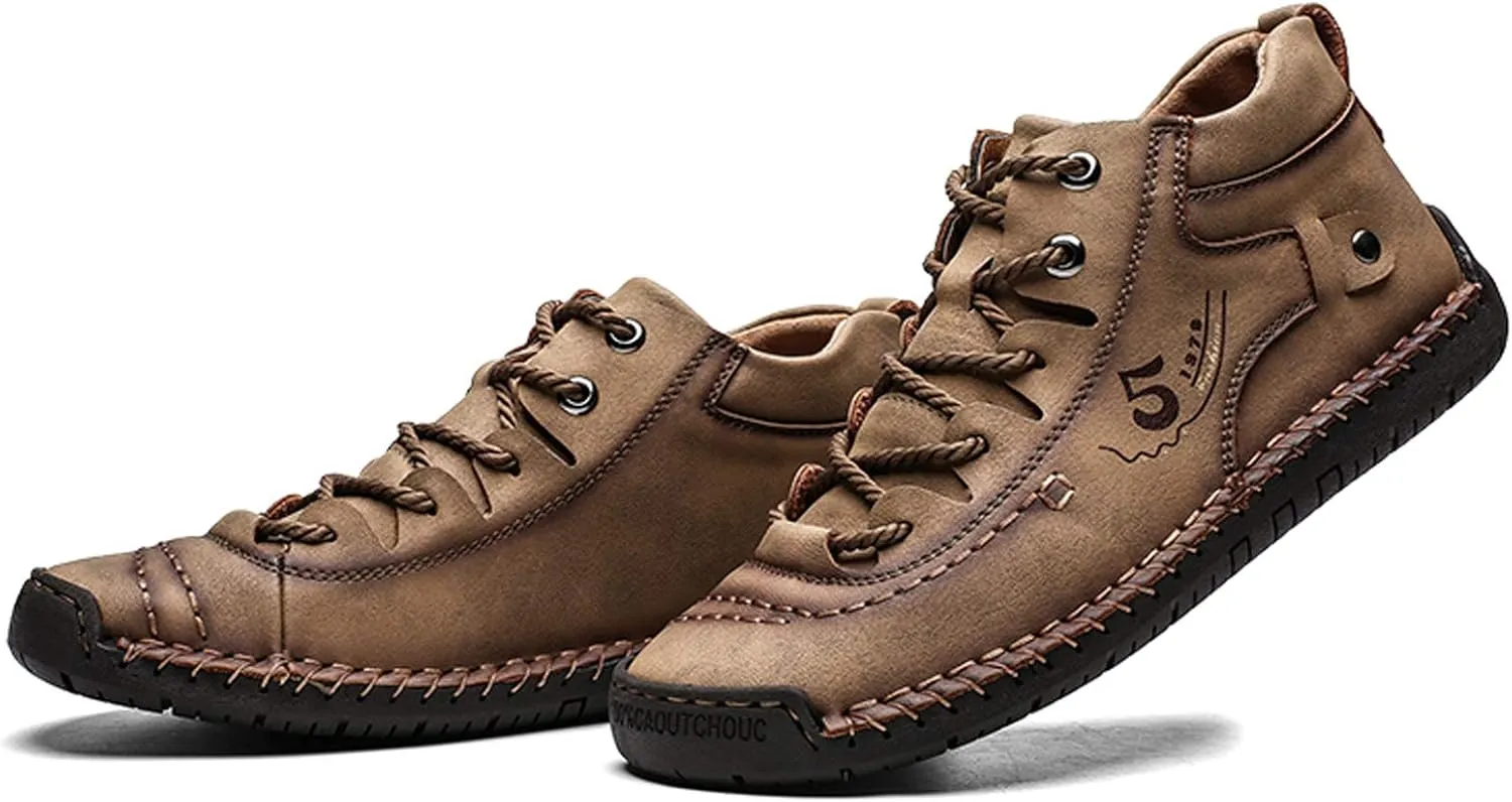 Mens Casual Oxford Shoes Flat Shoes Vintage Comfort Soft Leather Ankle Boots Lace-up Driving Shoes