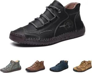 Men's Comfy Lightweight Stitching Leather Shoes, Leather Hand-Stitched Flat Mid-Cut Boots for Hiking Walking Driving (Black,38EU)
