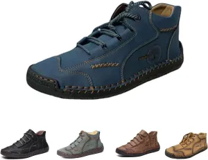 Men's Comfy Lightweight Stitching Leather Shoes, Leather Hand-Stitched Flat Mid-Cut Boots for Hiking Walking Driving (Blue,39EU)