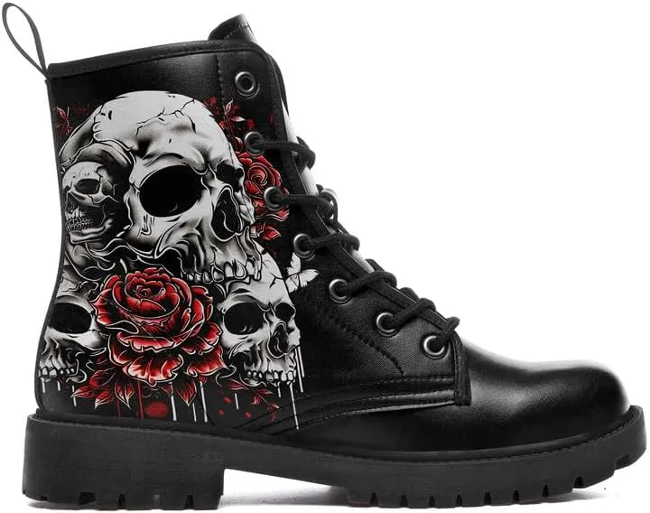 Men's Gothic Skull Combat Boots Punk Rock Fashion Lace Up Ankle Booties for Women Lightweight Leather Winter Shoes