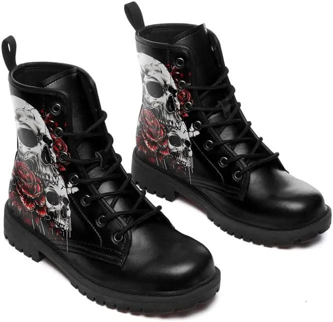Men's Gothic Skull Combat Boots Punk Rock Fashion Lace Up Ankle Booties for Women Lightweight Leather Winter Shoes