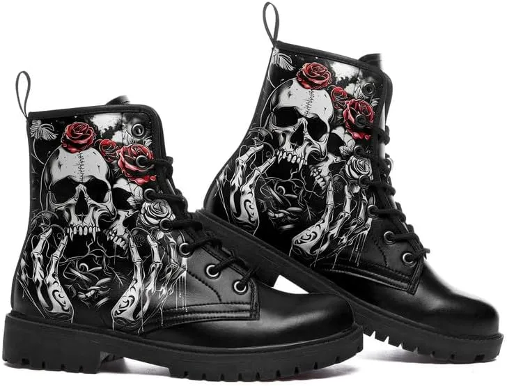 Men's Gothic Skull Combat Boots Punk Rock Fashion Lace Up Ankle Booties for Women Lightweight Leather Winter Shoes