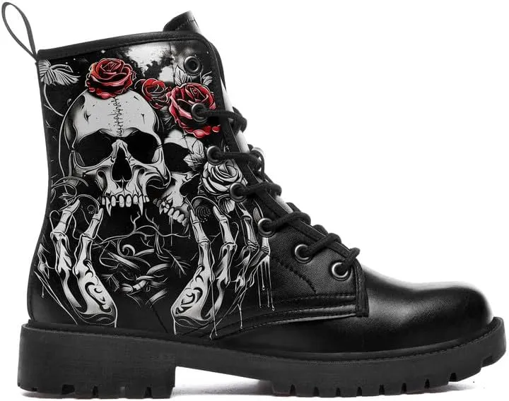 Men's Gothic Skull Combat Boots Punk Rock Fashion Lace Up Ankle Booties for Women Lightweight Leather Winter Shoes