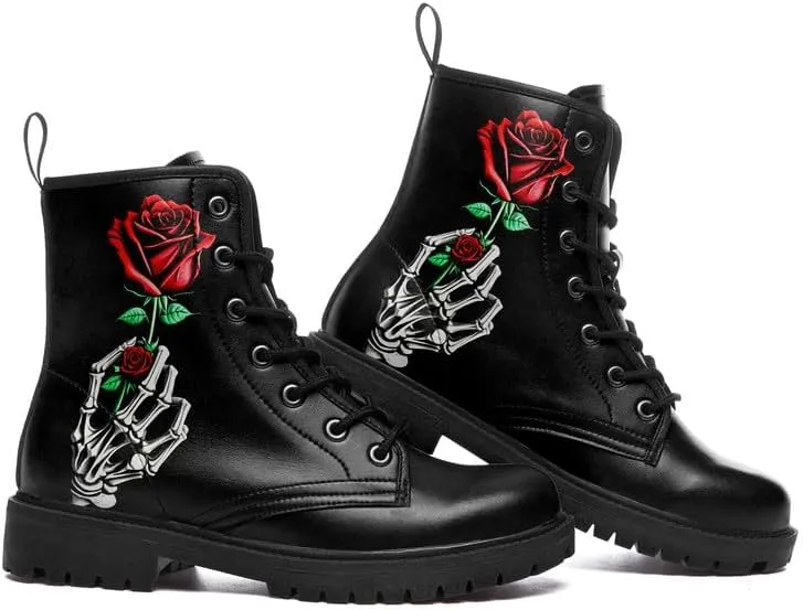 Men's Gothic Skull Combat Boots Punk Rock Fashion Lace Up Ankle Booties for Women Lightweight Leather Winter Shoes