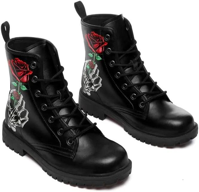 Men's Gothic Skull Combat Boots Punk Rock Fashion Lace Up Ankle Booties for Women Lightweight Leather Winter Shoes