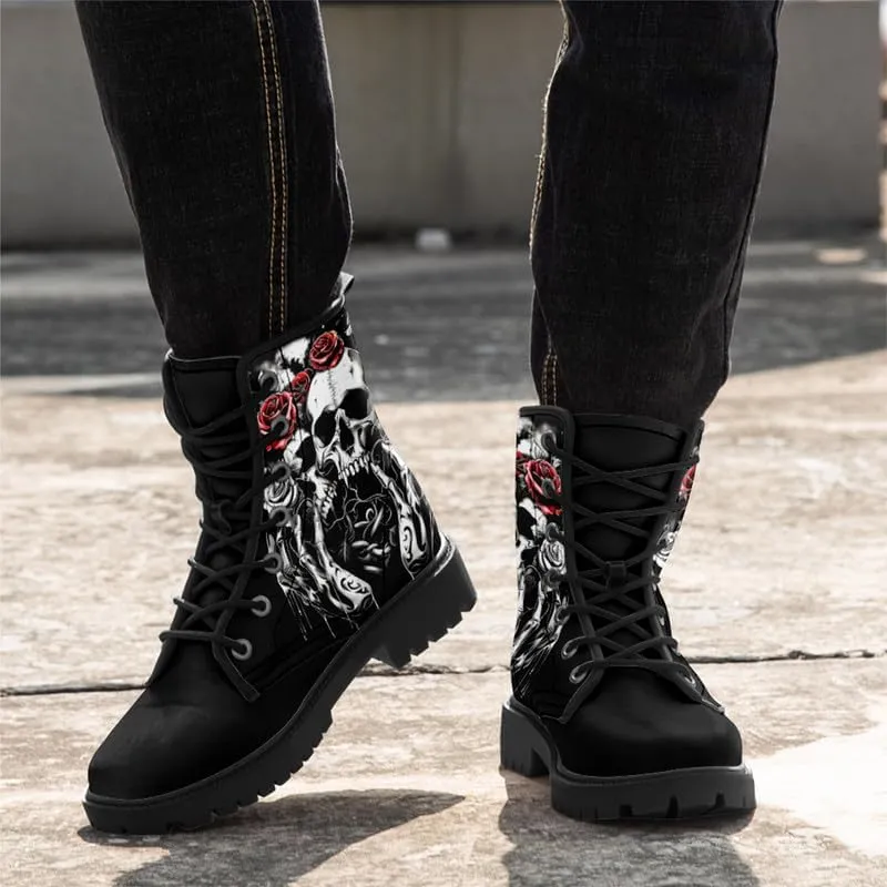 Men's Gothic Skull Combat Boots Punk Rock Fashion Lace Up Ankle Booties for Women Lightweight Leather Winter Shoes