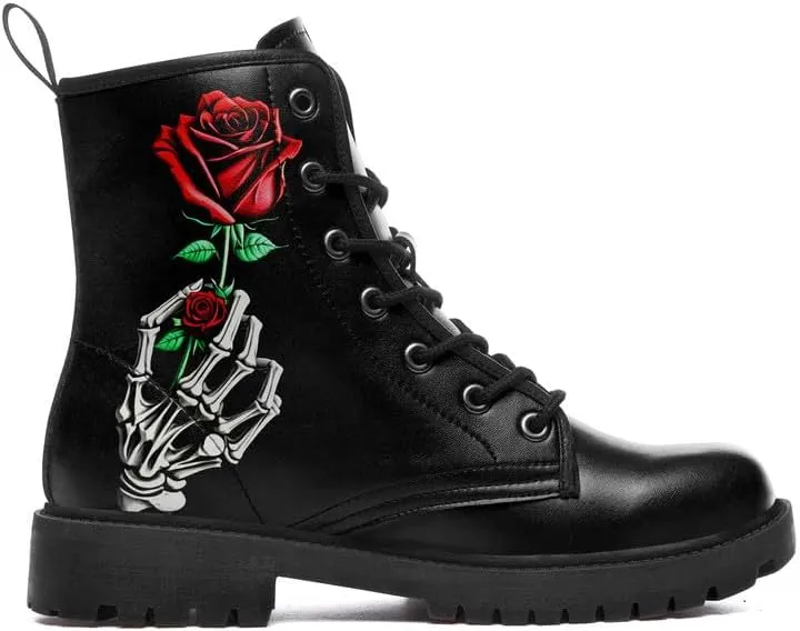 Men's Gothic Skull Combat Boots Punk Rock Fashion Lace Up Ankle Booties for Women Lightweight Leather Winter Shoes