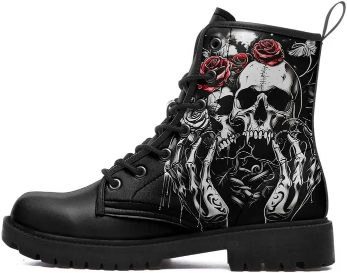Men's Gothic Skull Combat Boots Punk Rock Fashion Lace Up Ankle Booties for Women Lightweight Leather Winter Shoes