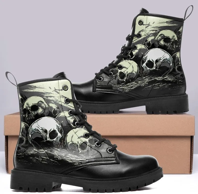 Men's Gothic Skull Combat Boots Punk Rock Fashion Lace Up Ankle Booties for Women Lightweight Leather Winter Shoes