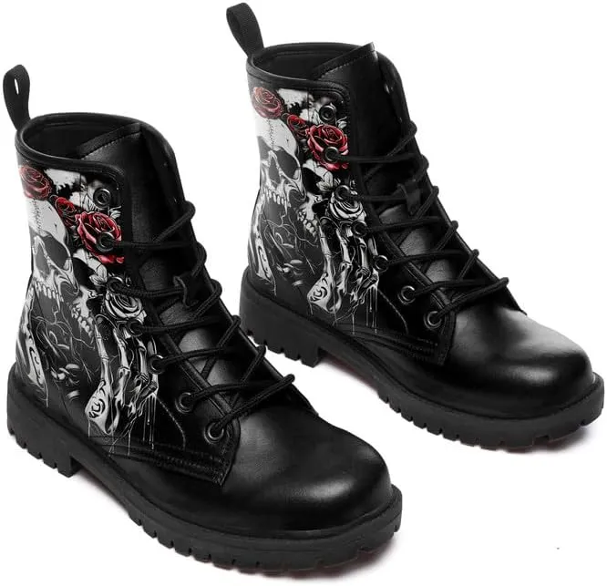 Men's Gothic Skull Combat Boots Punk Rock Fashion Lace Up Ankle Booties for Women Lightweight Leather Winter Shoes