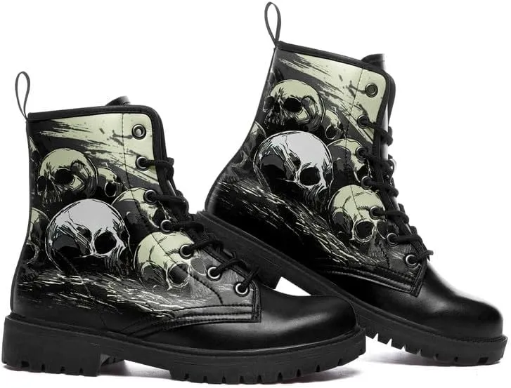 Men's Gothic Skull Combat Boots Punk Rock Fashion Lace Up Ankle Booties for Women Lightweight Leather Winter Shoes
