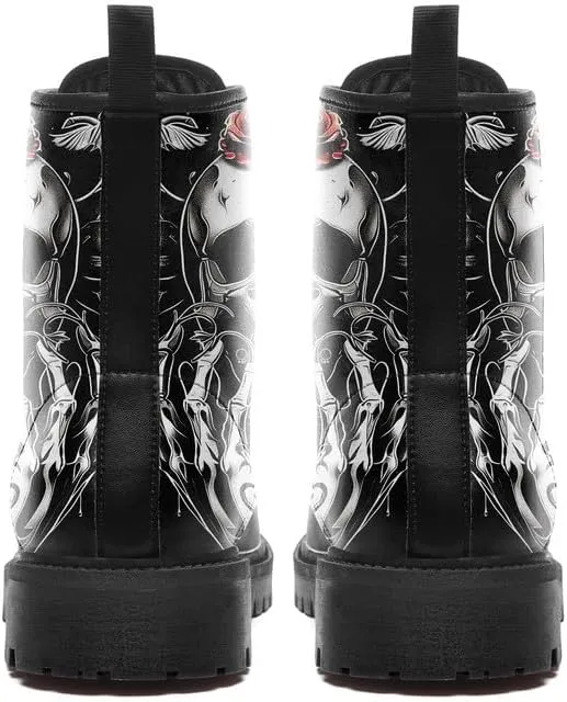 Men's Gothic Skull Combat Boots Punk Rock Fashion Lace Up Ankle Booties for Women Lightweight Leather Winter Shoes