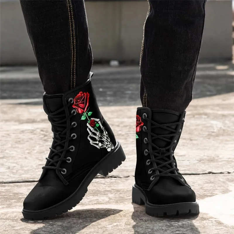 Men's Gothic Skull Combat Boots Punk Rock Fashion Lace Up Ankle Booties for Women Lightweight Leather Winter Shoes