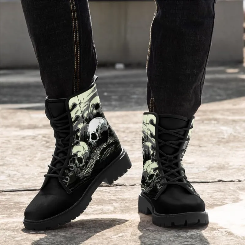 Men's Gothic Skull Combat Boots Punk Rock Fashion Lace Up Ankle Booties for Women Lightweight Leather Winter Shoes