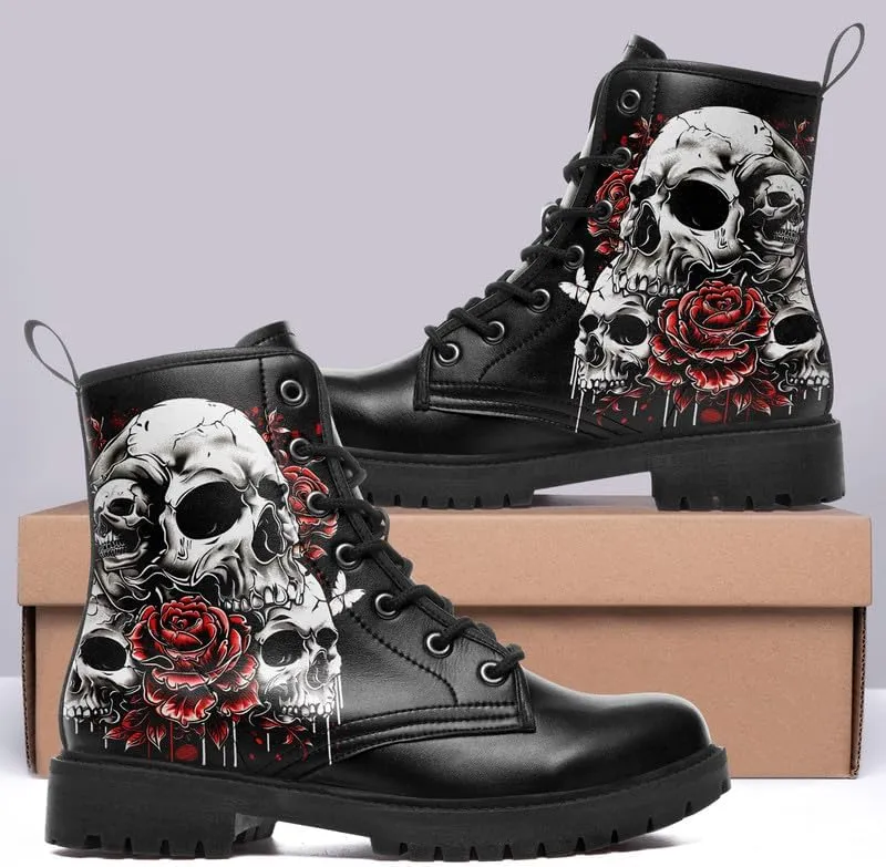 Men's Gothic Skull Combat Boots Punk Rock Fashion Lace Up Ankle Booties for Women Lightweight Leather Winter Shoes