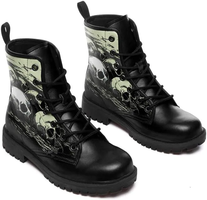 Men's Gothic Skull Combat Boots Punk Rock Fashion Lace Up Ankle Booties for Women Lightweight Leather Winter Shoes