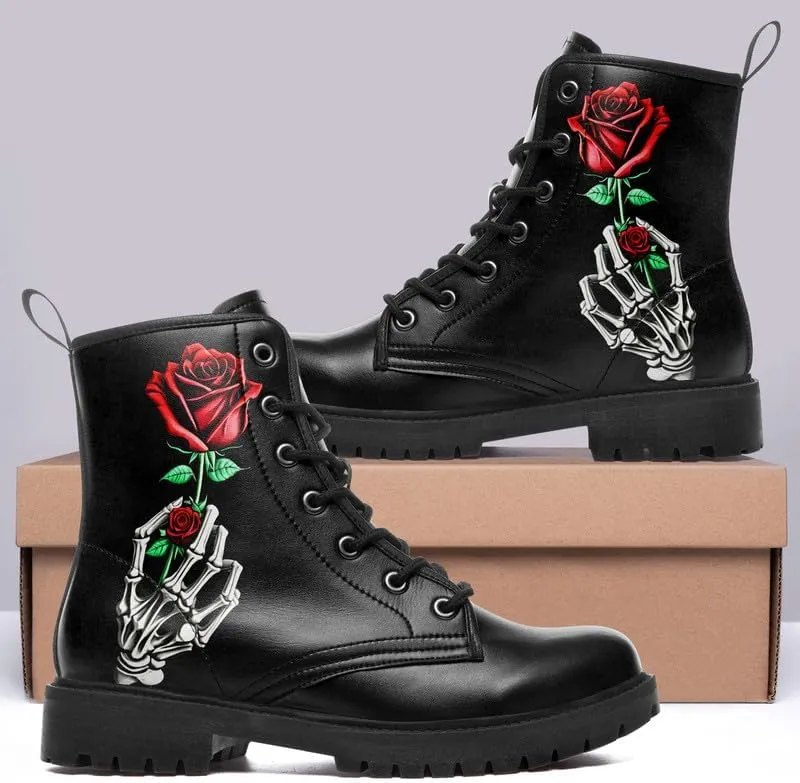 Men's Gothic Skull Combat Boots Punk Rock Fashion Lace Up Ankle Booties for Women Lightweight Leather Winter Shoes