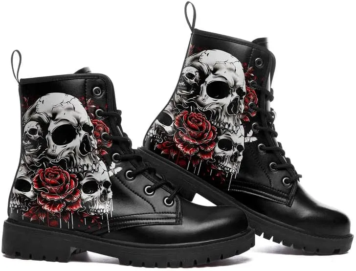 Men's Gothic Skull Combat Boots Punk Rock Fashion Lace Up Ankle Booties for Women Lightweight Leather Winter Shoes