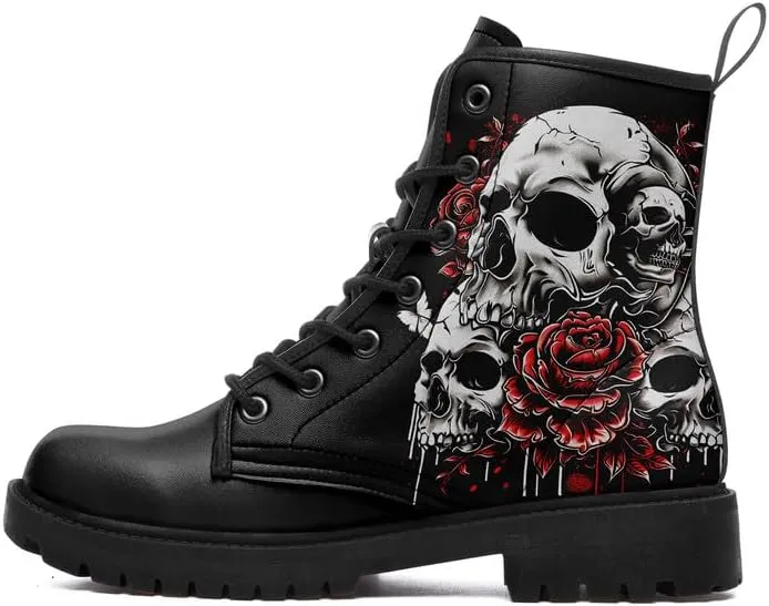 Men's Gothic Skull Combat Boots Punk Rock Fashion Lace Up Ankle Booties for Women Lightweight Leather Winter Shoes