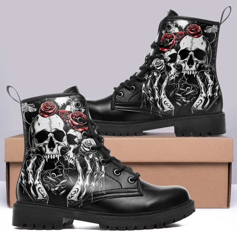 Men's Gothic Skull Combat Boots Punk Rock Fashion Lace Up Ankle Booties for Women Lightweight Leather Winter Shoes