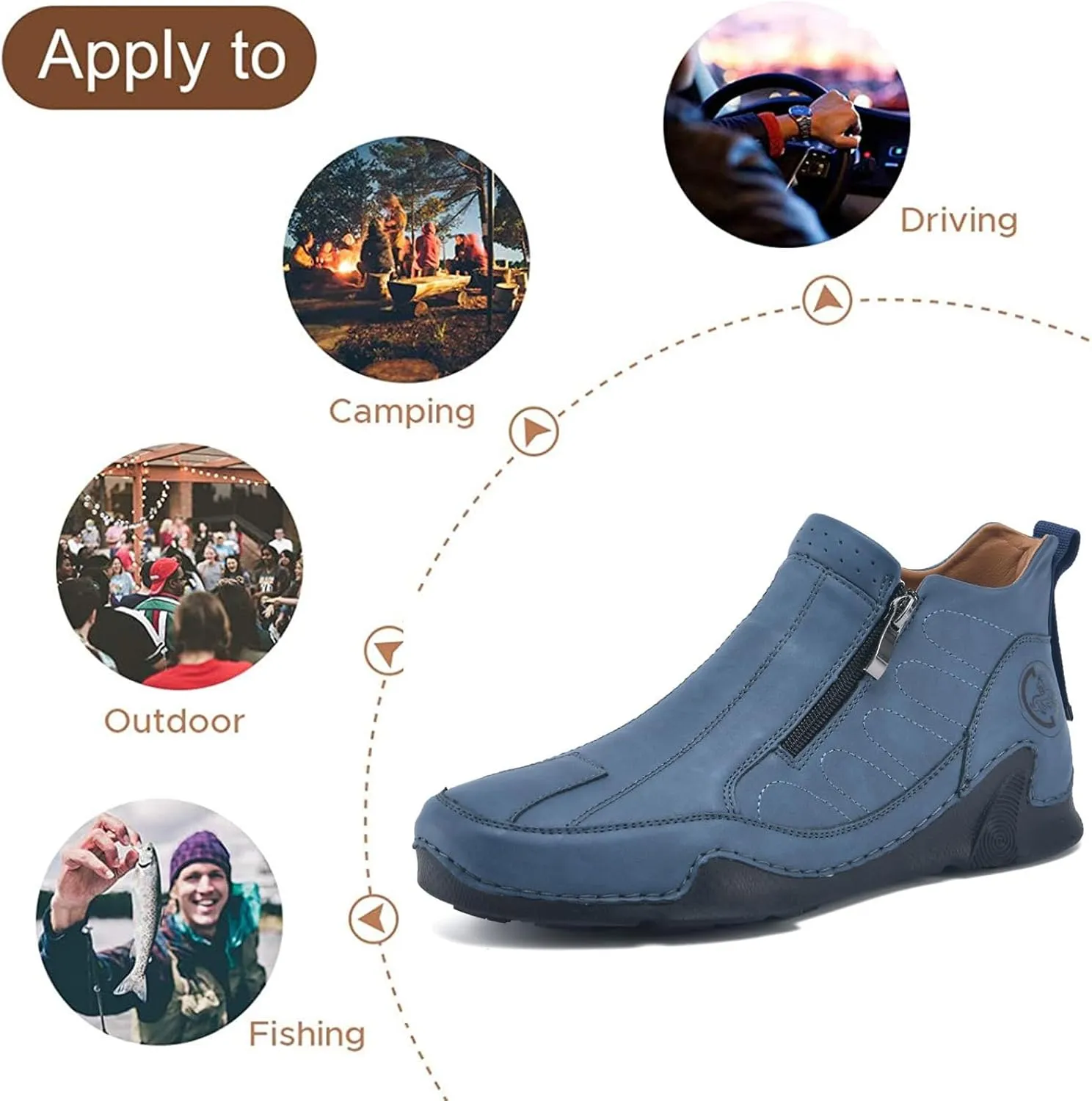 Men's Leather Comfortable Slip on Chukka Ankle Boots Outdoor Lightweight Non-slip Side Zipper Flat Driving Shoes for Walking Hiking