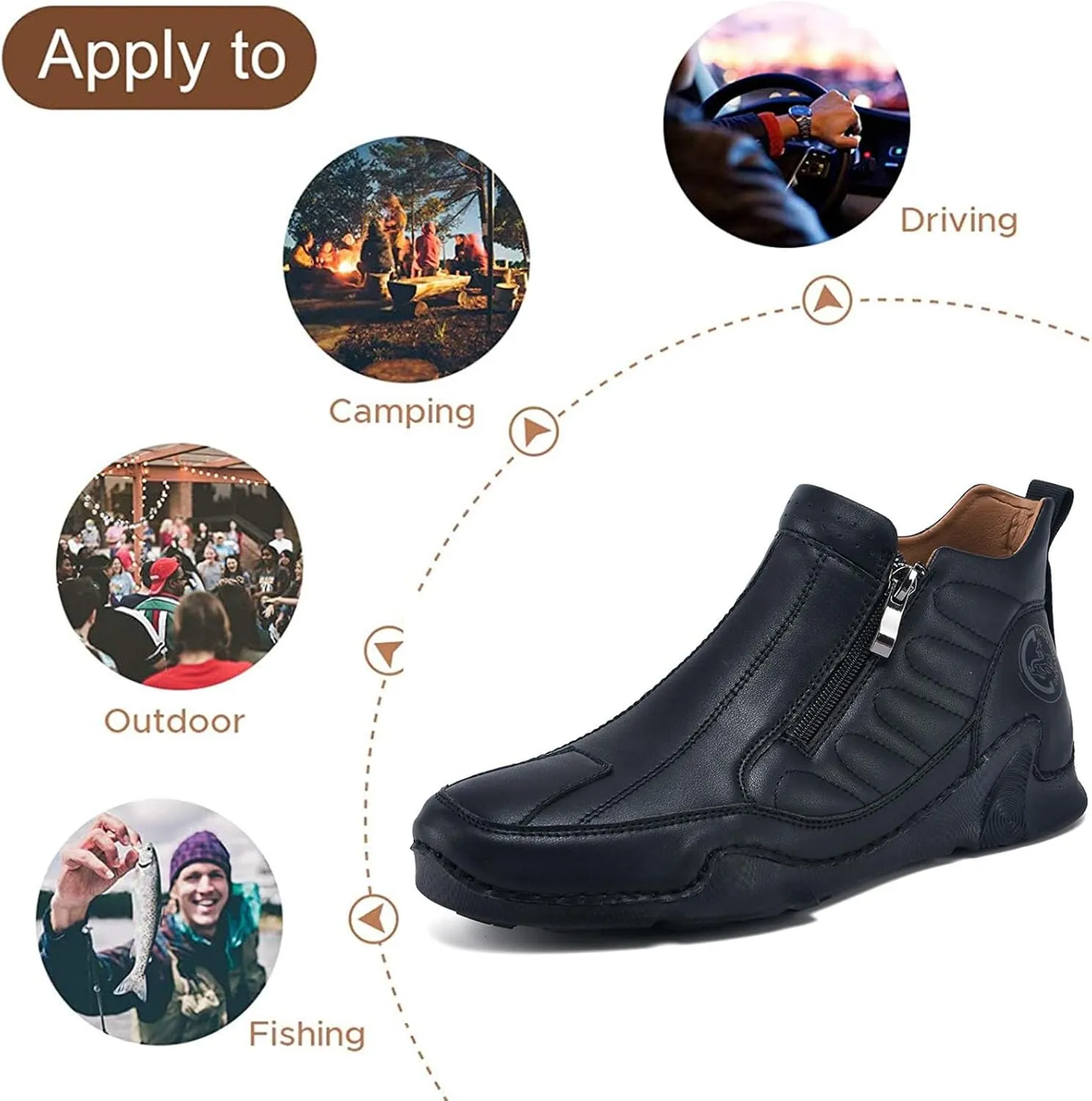 Men's Leather Comfortable Slip on Chukka Ankle Boots Outdoor Lightweight Non-slip Side Zipper Flat Driving Shoes for Walking Hiking