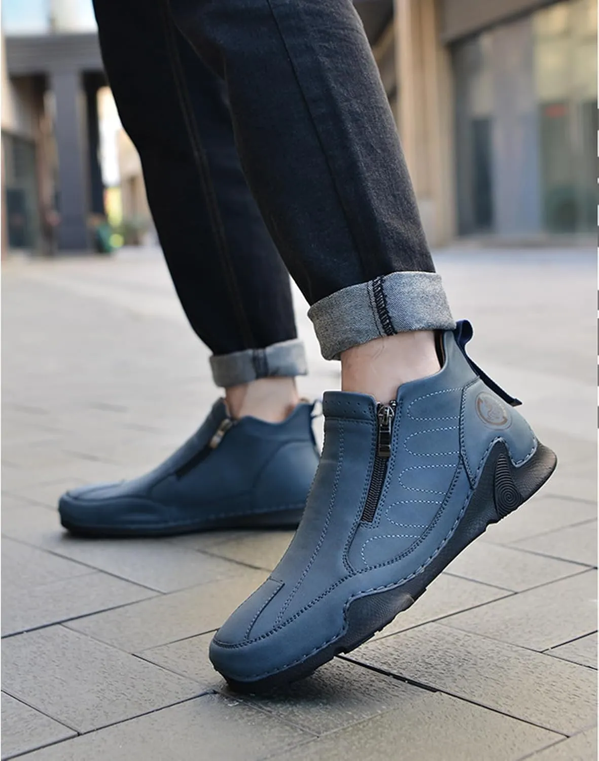 Men's Leather Comfortable Slip on Chukka Ankle Boots Outdoor Lightweight Non-slip Side Zipper Flat Driving Shoes for Walking Hiking
