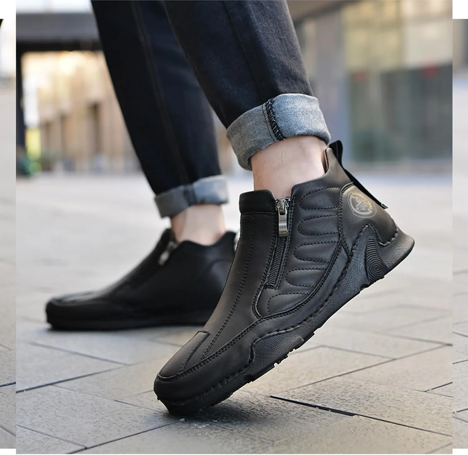 Men's Leather Comfortable Slip on Chukka Ankle Boots Outdoor Lightweight Non-slip Side Zipper Flat Driving Shoes for Walking Hiking