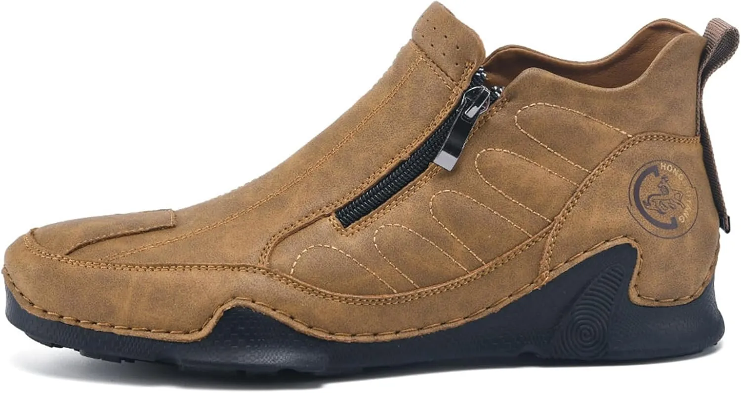 Men's Leather Comfortable Slip on Chukka Ankle Boots Outdoor Lightweight Non-slip Side Zipper Flat Driving Shoes for Walking Hiking