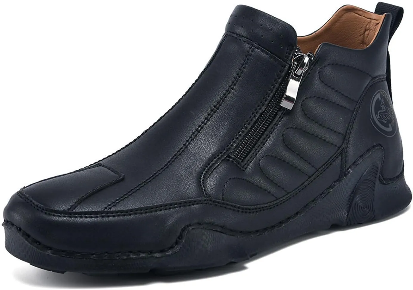 Men's Leather Comfortable Slip on Chukka Ankle Boots Outdoor Lightweight Non-slip Side Zipper Flat Driving Shoes for Walking Hiking