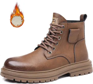 Men's Leather High Top Motorcycle Combat Boots Fashion Casual Winter Fleece-Lined Outdoor Hiking Sneaker Booties Round Toe Lace Up Side Zipper Retro Comfortable Chukka Boots