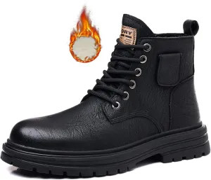 Men's Leather High Top Motorcycle Combat Boots Fashion Casual Winter Fleece-Lined Outdoor Hiking Sneaker Booties Round Toe Lace Up Side Zipper Retro Comfortable Chukka Boots