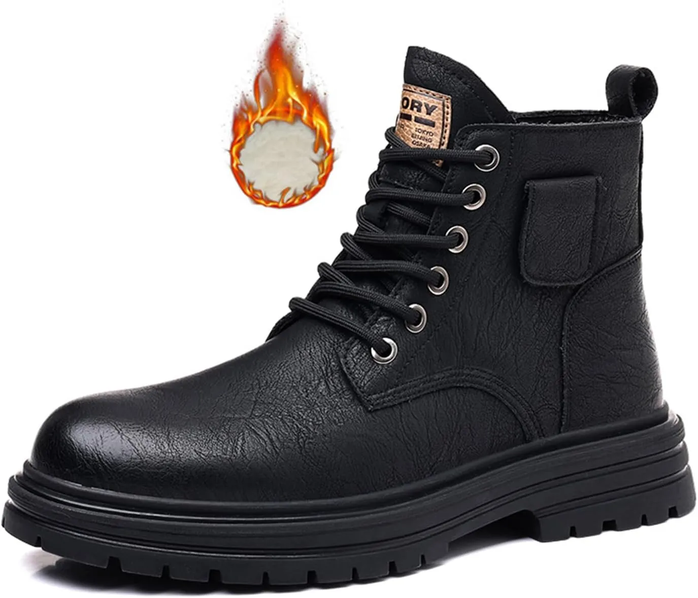 Men's Leather High Top Motorcycle Combat Boots Fashion Casual Winter Fleece-Lined Outdoor Hiking Sneaker Booties Round Toe Lace Up Side Zipper Retro Comfortable Chukka Boots