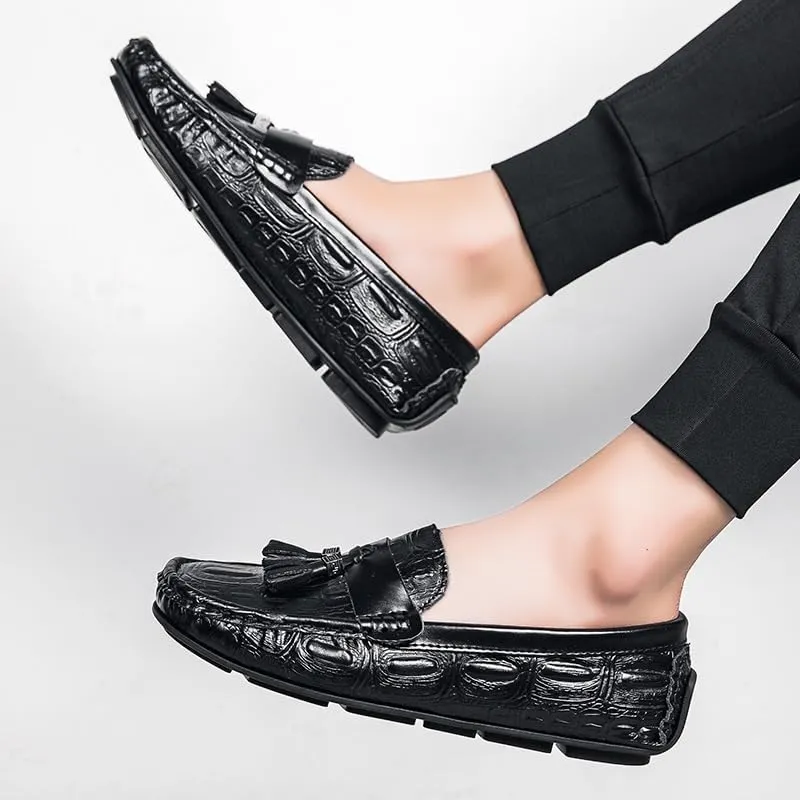 Mens Loafers Square Toe Crocodile Print with Tassel Driving Loafers PU Leather Comfortable Anti-Slip Flat Heel Wedding Slip On