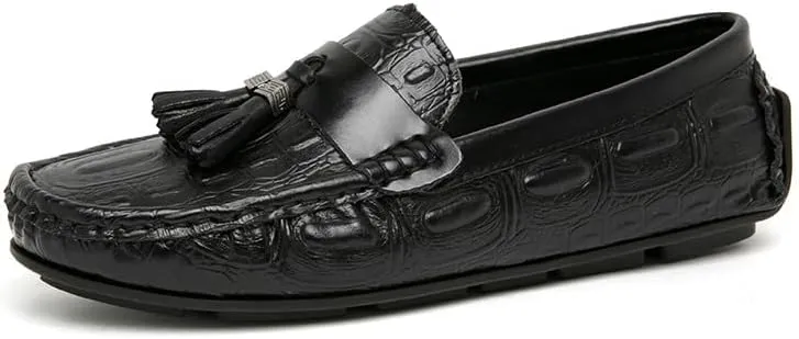 Mens Loafers Square Toe Crocodile Print with Tassel Driving Loafers PU Leather Comfortable Anti-Slip Flat Heel Wedding Slip On