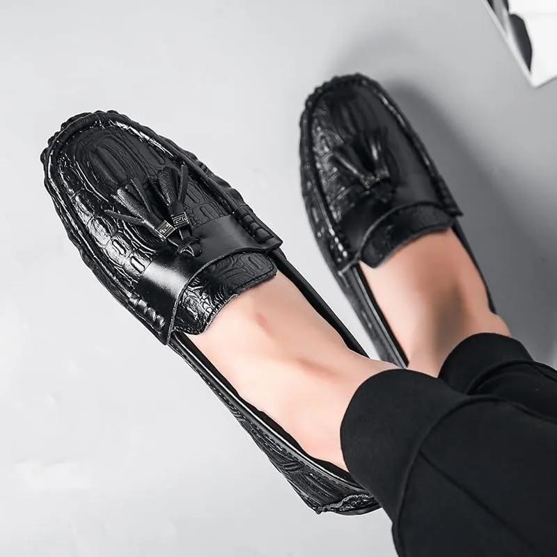 Mens Loafers Square Toe Crocodile Print with Tassel Driving Loafers PU Leather Comfortable Anti-Slip Flat Heel Wedding Slip On