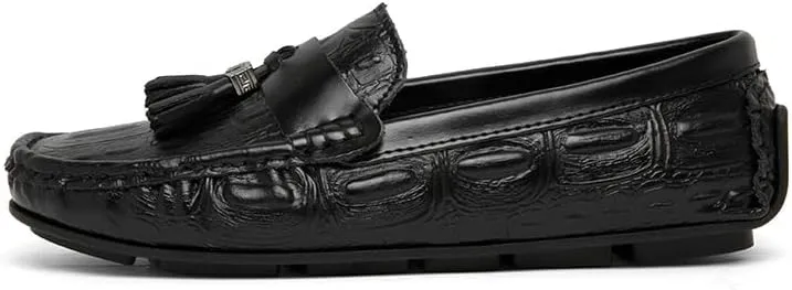 Mens Loafers Square Toe Crocodile Print with Tassel Driving Loafers PU Leather Comfortable Anti-Slip Flat Heel Wedding Slip On