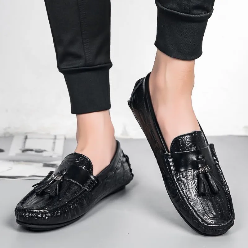 Mens Loafers Square Toe Crocodile Print with Tassel Driving Loafers PU Leather Comfortable Anti-Slip Flat Heel Wedding Slip On