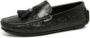Mens Loafers Square Toe Crocodile Print with Tassel Driving Loafers PU Leather Comfortable Anti-Slip Flat Heel Wedding Slip On