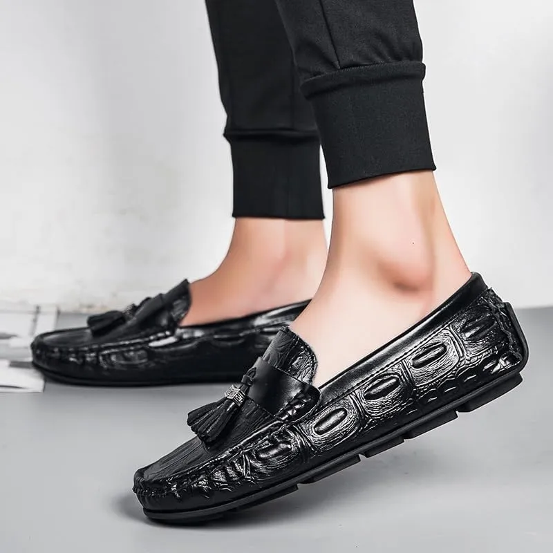 Mens Loafers Square Toe Crocodile Print with Tassel Driving Loafers PU Leather Comfortable Anti-Slip Flat Heel Wedding Slip On