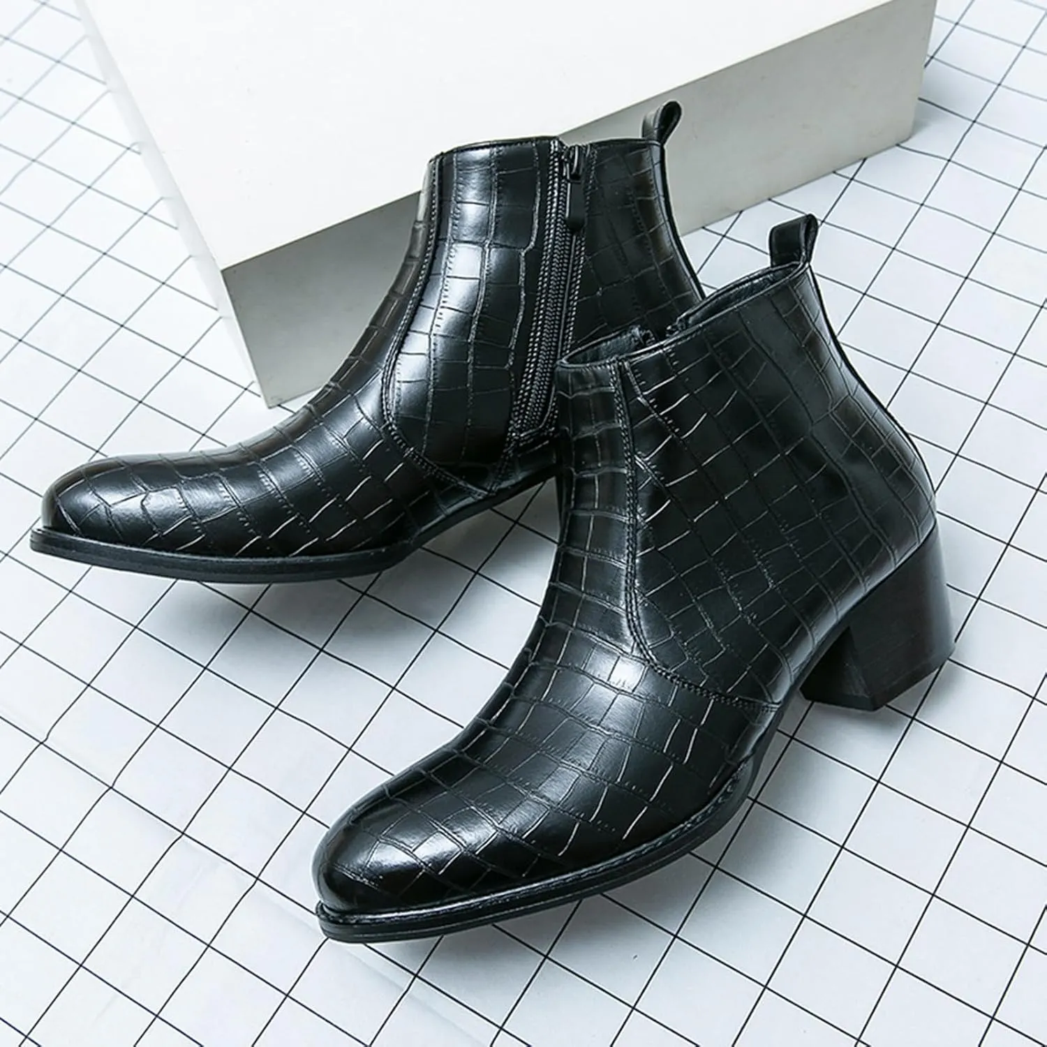 Men's Pattern Leather Chunky Heel Dress Chelsea Boots Fashion Classic Cap Toe Side Zipper Block High Heels High Top Formal Oxford Shoes Casual Business Chukka Ankle Boots