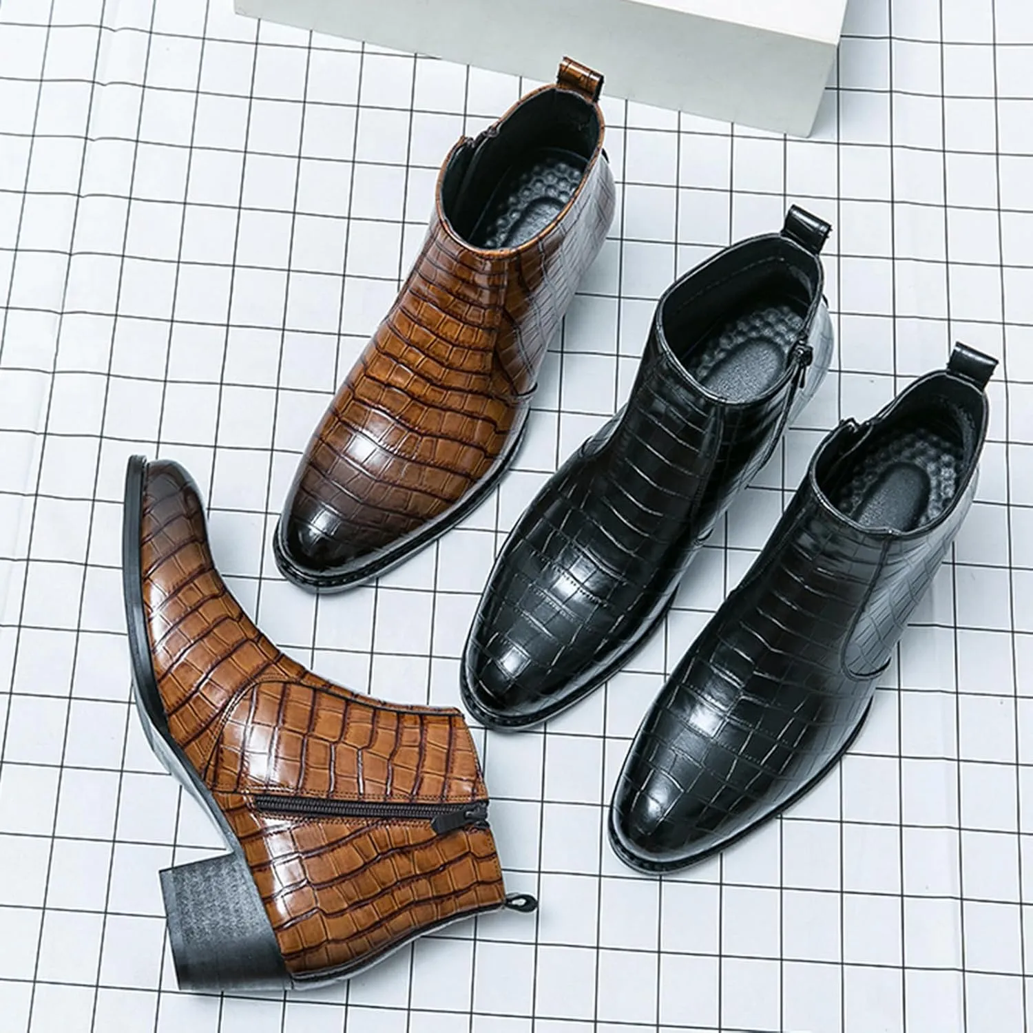 Men's Pattern Leather Chunky Heel Dress Chelsea Boots Fashion Classic Cap Toe Side Zipper Block High Heels High Top Formal Oxford Shoes Casual Business Chukka Ankle Boots