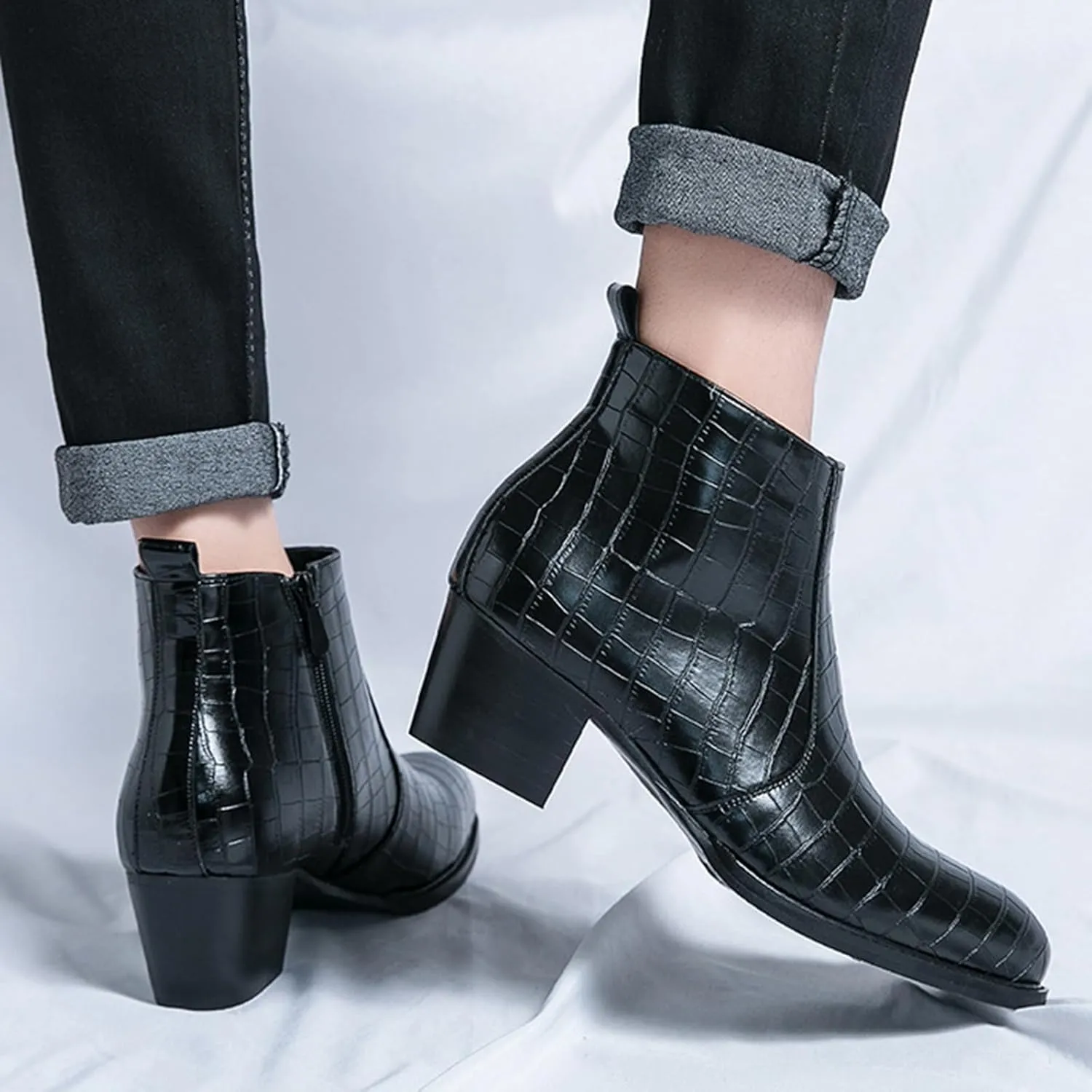 Men's Pattern Leather Chunky Heel Dress Chelsea Boots Fashion Classic Cap Toe Side Zipper Block High Heels High Top Formal Oxford Shoes Casual Business Chukka Ankle Boots