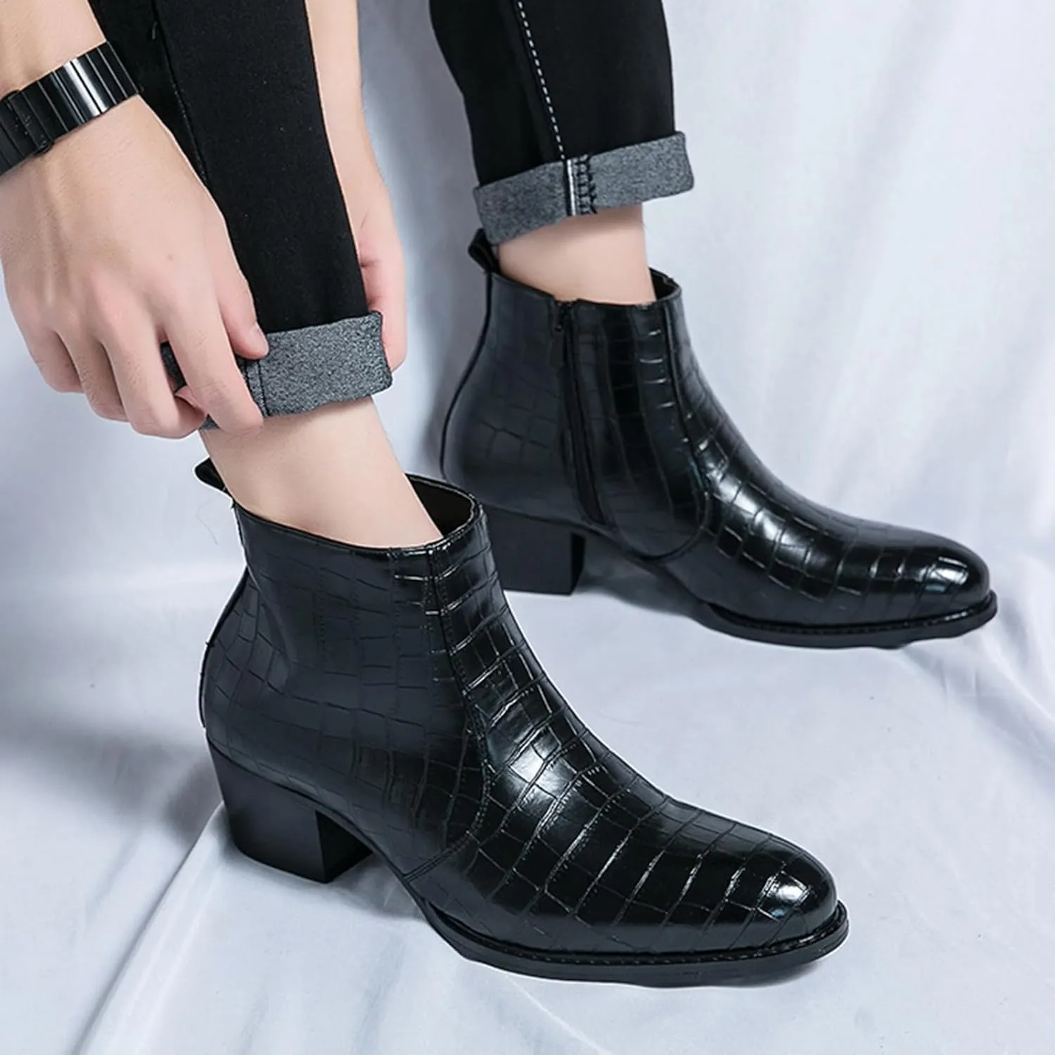 Men's Pattern Leather Chunky Heel Dress Chelsea Boots Fashion Classic Cap Toe Side Zipper Block High Heels High Top Formal Oxford Shoes Casual Business Chukka Ankle Boots