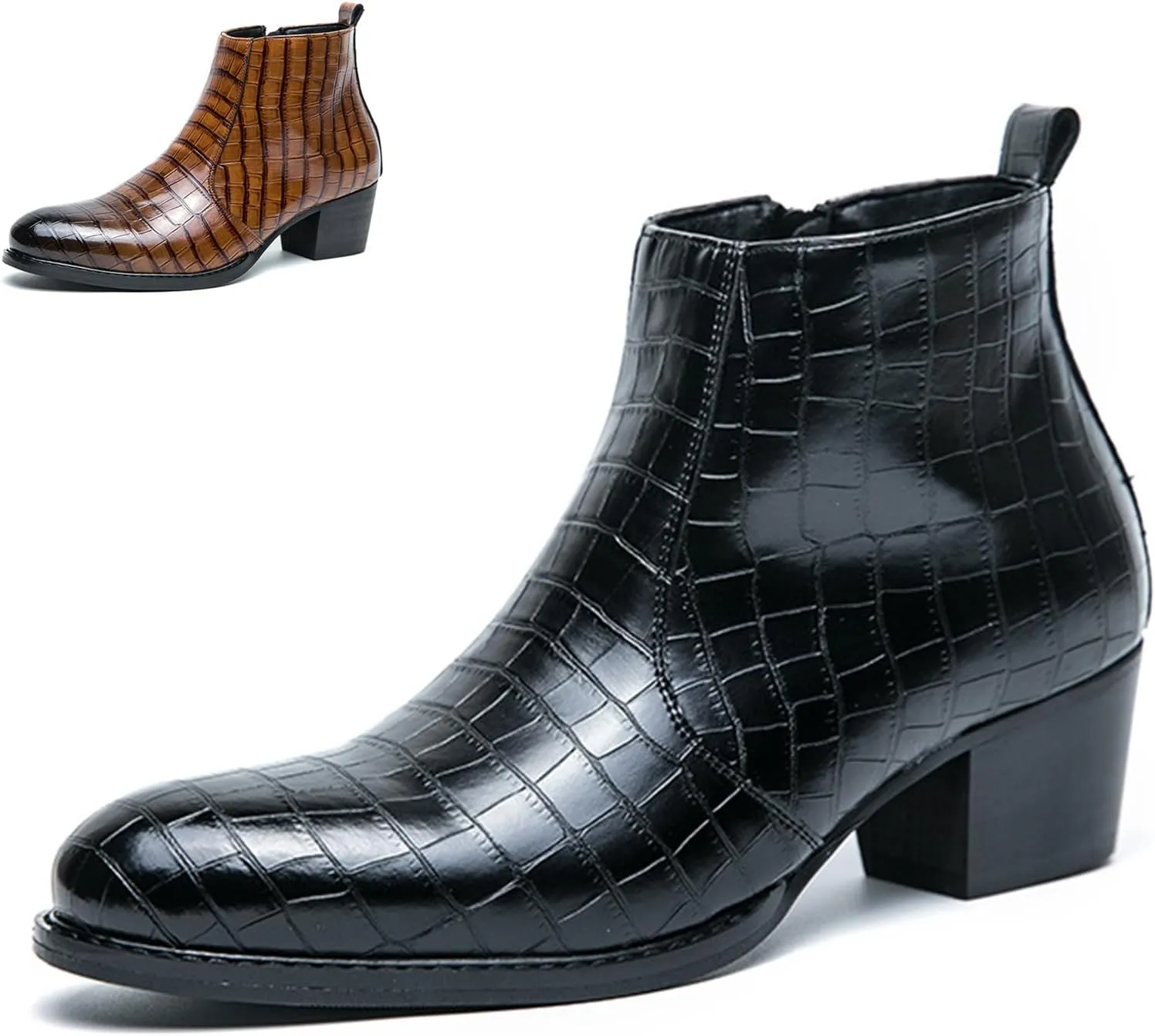 Men's Pattern Leather Chunky Heel Dress Chelsea Boots Fashion Classic Cap Toe Side Zipper Block High Heels High Top Formal Oxford Shoes Casual Business Chukka Ankle Boots