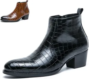 Men's Pattern Leather Chunky Heel Dress Chelsea Boots Fashion Classic Cap Toe Side Zipper Block High Heels High Top Formal Oxford Shoes Casual Business Chukka Ankle Boots
