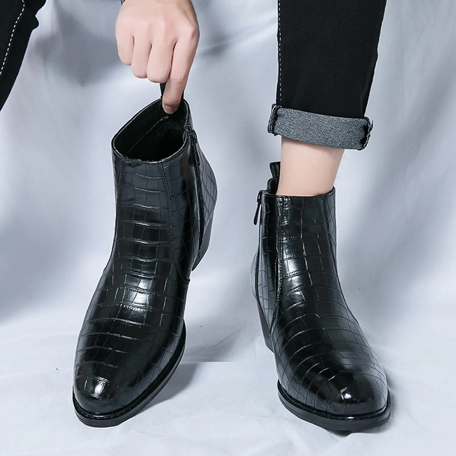 Men's Pattern Leather Chunky Heel Dress Chelsea Boots Fashion Classic Cap Toe Side Zipper Block High Heels High Top Formal Oxford Shoes Casual Business Chukka Ankle Boots