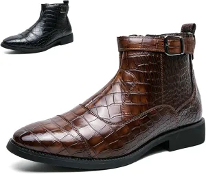 Men's Pattern Leather High Top Chelsea Boots with Buckle Strap Fashion British Style Pointed Toe Side Zipper Ankle Boots Casual Business Dress Oxford Booties