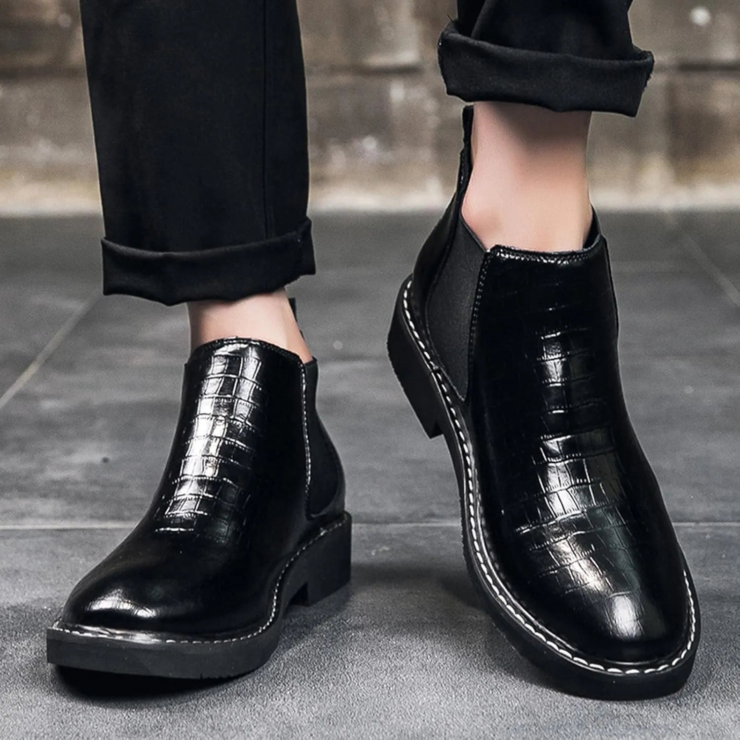 Men's Snake Pattern Internal Height Increase Chelsea Boots Fashion Genuine Leather Pointed-Toe High Top Pull On Dress Ankle Boots Casual Business Formal Oxford Booties