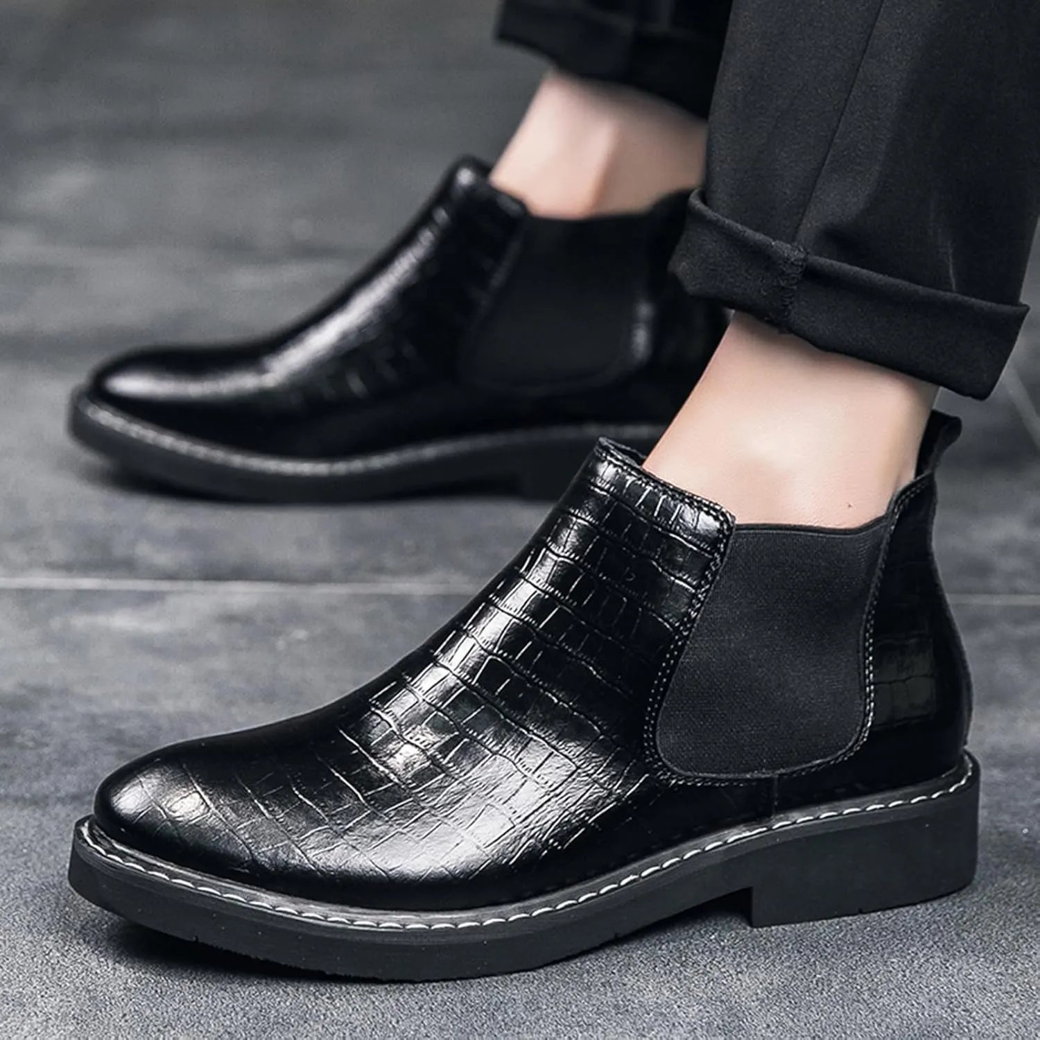 Men's Snake Pattern Internal Height Increase Chelsea Boots Fashion Genuine Leather Pointed-Toe High Top Pull On Dress Ankle Boots Casual Business Formal Oxford Booties